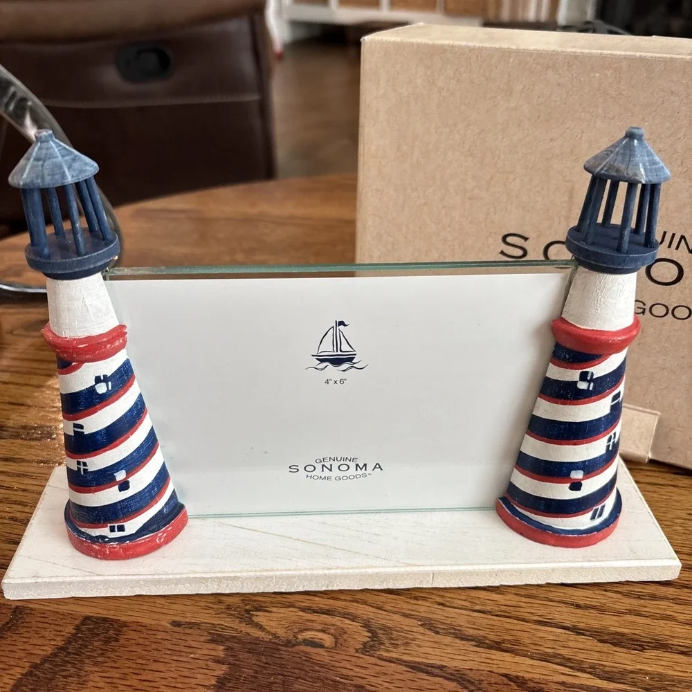 Sonoma Home Goods Lighthouse Picture Frame 4x6 Nautical Beach Decor Red Blue